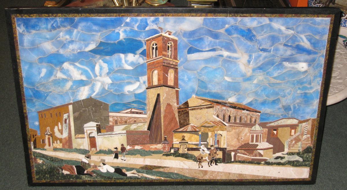 Italian Pietra Dura Mosaic Stone Plaque or Tabletop Depicting Village Landscape