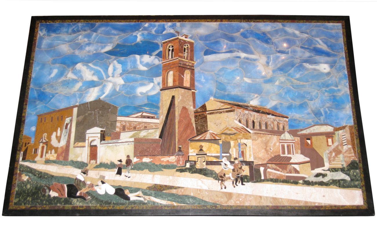 Italian Pietra Dura Mosaic Stone Plaque or Tabletop Depicting Village Landscape