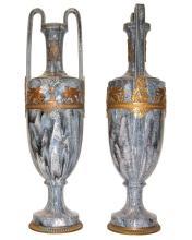 Pair Antique Neoclassical Greek Revival Bronze Mounted Flambe Drip Glazed Ceramic Vases