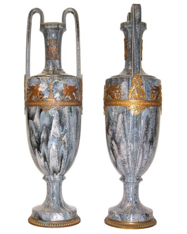 Pair Antique Neoclassical Greek Revival Bronze Mounted Flambe Drip Glazed Ceramic Vases