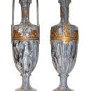 Pair Antique Neoclassical Greek Revival Bronze Mounted Flambe Drip Glazed Ceramic Vases