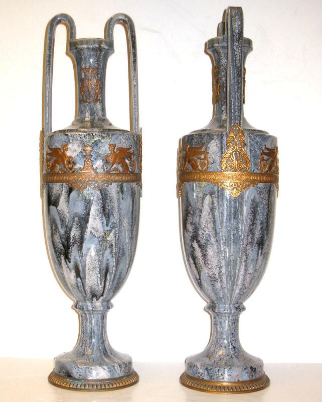 Pair Antique Neoclassical Greek Revival Bronze Mounted Flambe Drip Glazed Ceramic Vases