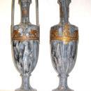Pair Antique Neoclassical Greek Revival Bronze Mounted Flambe Drip Glazed Ceramic Vases