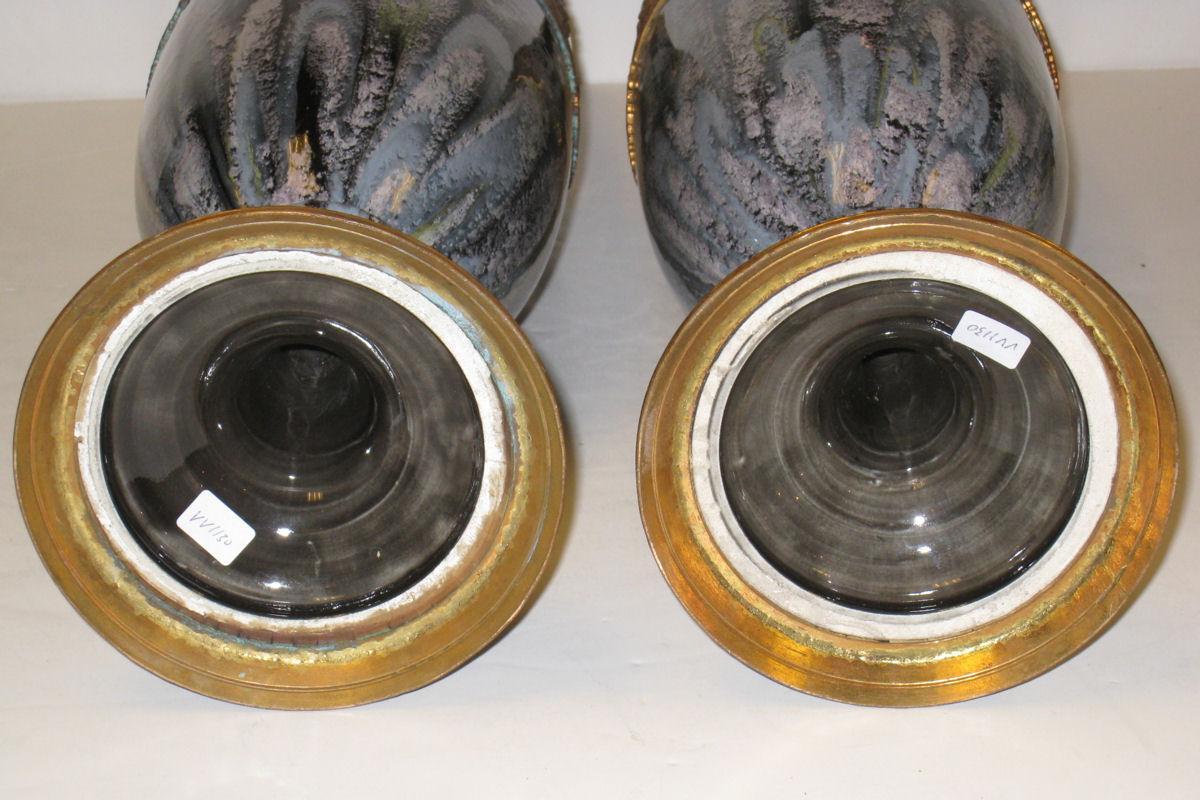 Pair Antique Neoclassical Greek Revival Bronze Mounted Flambe Drip Glazed Ceramic Vases