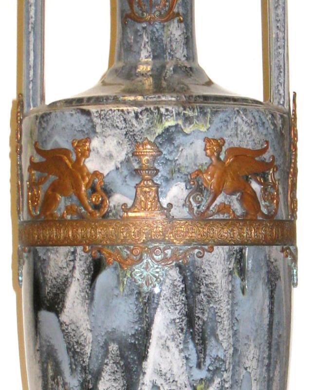 Pair Antique Neoclassical Greek Revival Bronze Mounted Flambe Drip Glazed Ceramic Vases