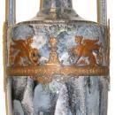 Pair Antique Neoclassical Greek Revival Bronze Mounted Flambe Drip Glazed Ceramic Vases