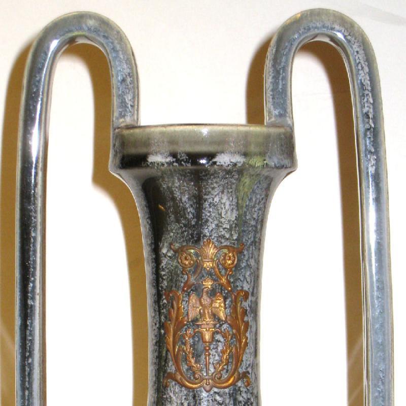 Pair Antique Neoclassical Greek Revival Bronze Mounted Flambe Drip Glazed Ceramic Vases
