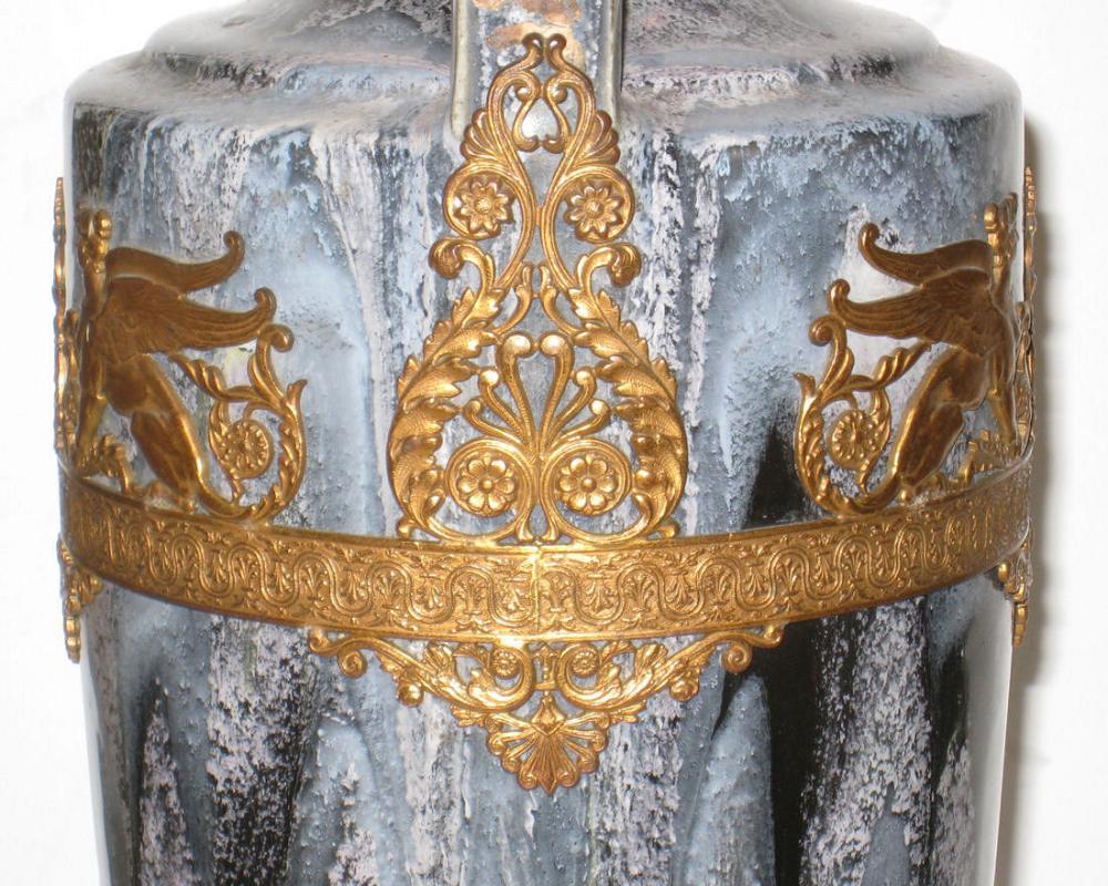 Pair Antique Neoclassical Greek Revival Bronze Mounted Flambe Drip Glazed Ceramic Vases