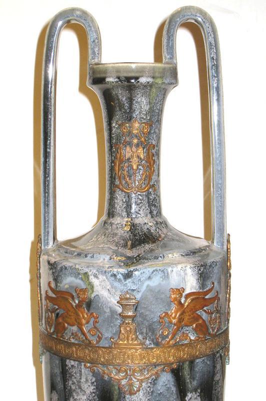 Pair Antique Neoclassical Greek Revival Bronze Mounted Flambe Drip Glazed Ceramic Vases