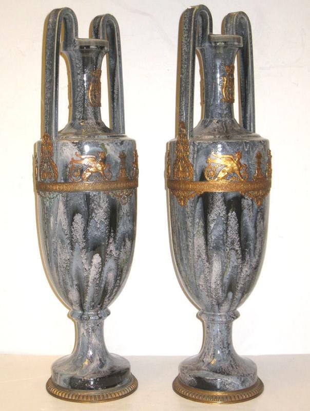 Pair Antique Neoclassical Greek Revival Bronze Mounted Flambe Drip Glazed Ceramic Vases