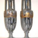 Pair Antique Neoclassical Greek Revival Bronze Mounted Flambe Drip Glazed Ceramic Vases