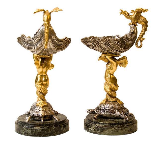Pair Gilt & Silvered Bronze Shell Form Compotes Tazze Bon Bon Sweatmeat Dishes