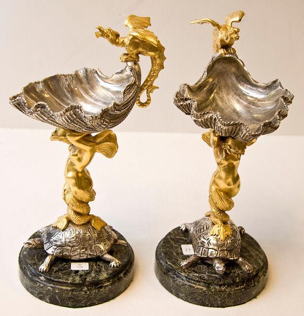 Pair Gilt & Silvered Bronze Shell Form Compotes Tazze Bon Bon Sweatmeat Dishes