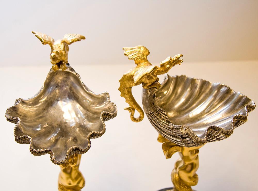 Pair Gilt & Silvered Bronze Shell Form Compotes Tazze Bon Bon Sweatmeat Dishes