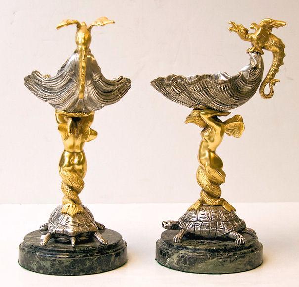Pair Gilt & Silvered Bronze Shell Form Compotes Tazze Bon Bon Sweatmeat Dishes