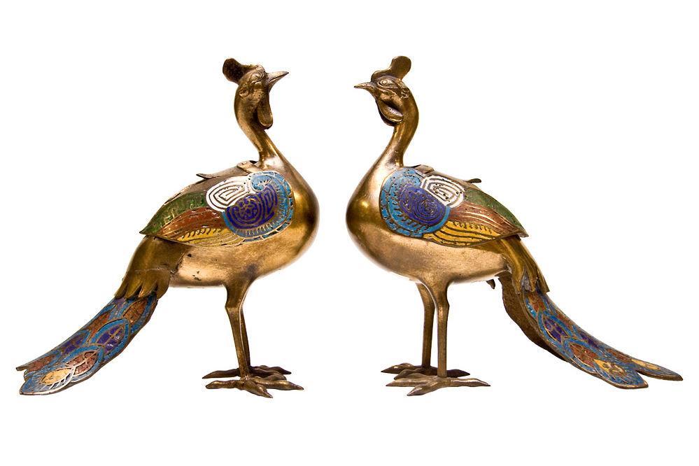 Pair Antique Chinese Champleve Bird Form Censers