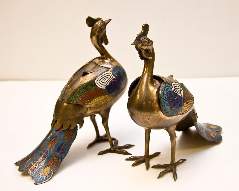 Pair Antique Chinese Champleve Bird Form Censers