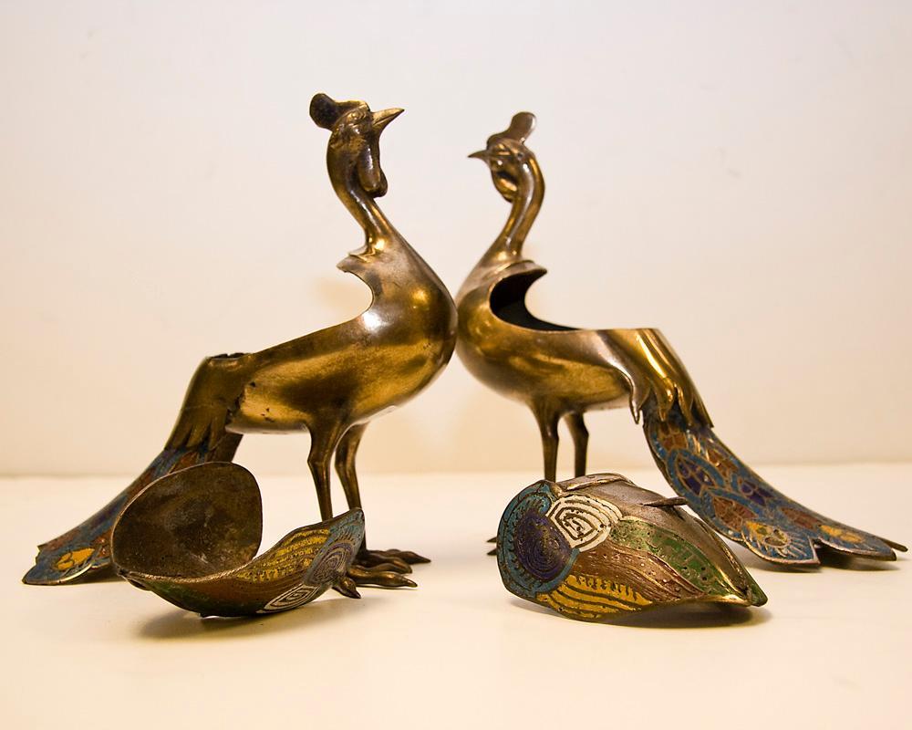 Pair Antique Chinese Champleve Bird Form Censers