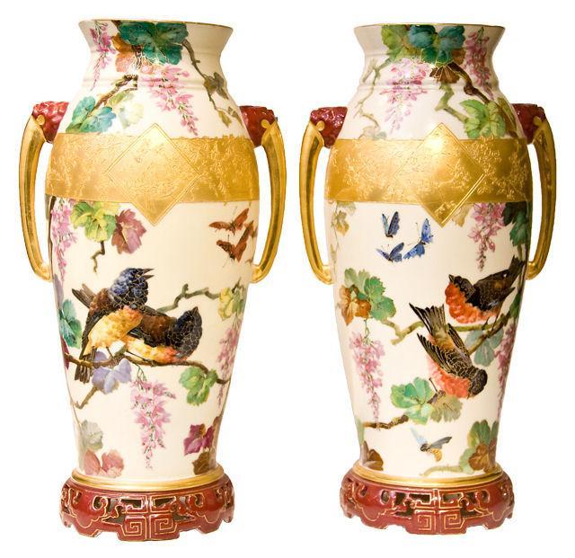 Pair Antique Oriental Chinoiserie Paris Porcelain Gilded & Painted Vases