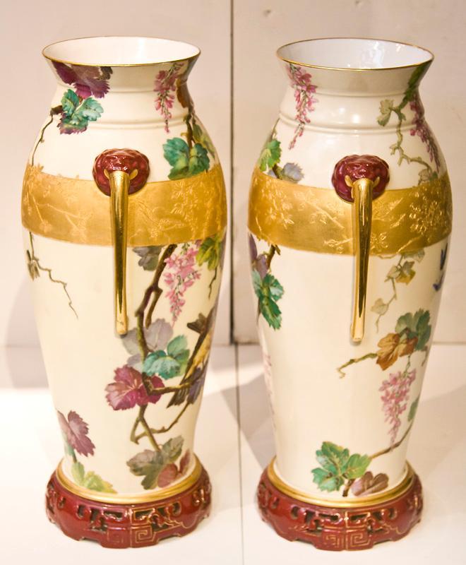 Pair Antique Oriental Chinoiserie Paris Porcelain Gilded & Painted Vases