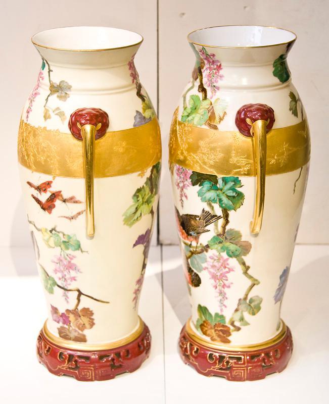 Pair Antique Oriental Chinoiserie Paris Porcelain Gilded & Painted Vases