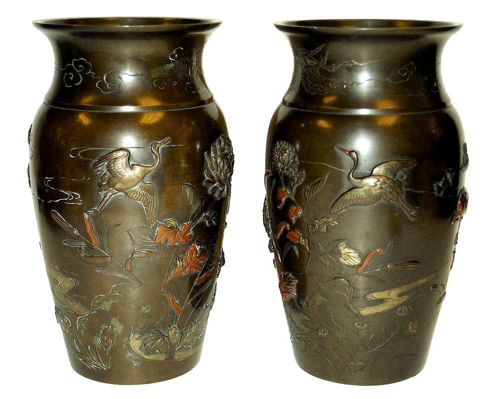 Pair Antique Meiji Japanese Bronze Mixed Metal Vases Urns