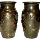 Pair Antique Meiji Japanese Bronze Mixed Metal Vases Urns