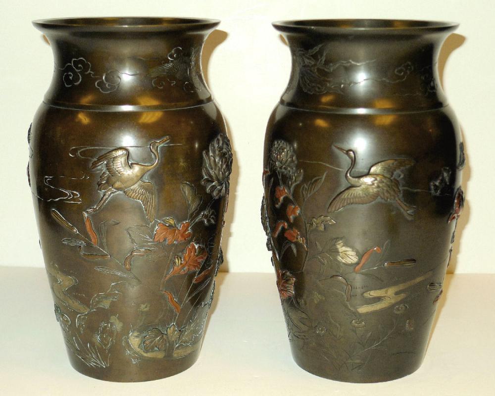 Pair Antique Meiji Japanese Bronze Mixed Metal Vases Urns