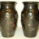 Pair Antique Meiji Japanese Bronze Mixed Metal Vases Urns