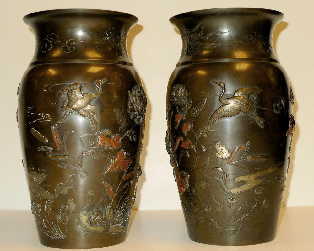 Pair Antique Meiji Japanese Bronze Mixed Metal Vases Urns