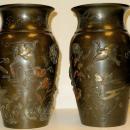 Pair Antique Meiji Japanese Bronze Mixed Metal Vases Urns