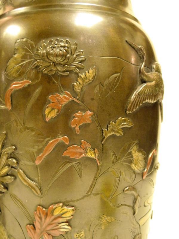 Pair Antique Meiji Japanese Bronze Mixed Metal Vases Urns