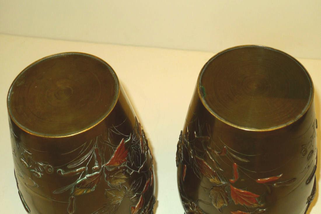 Pair Antique Meiji Japanese Bronze Mixed Metal Vases Urns