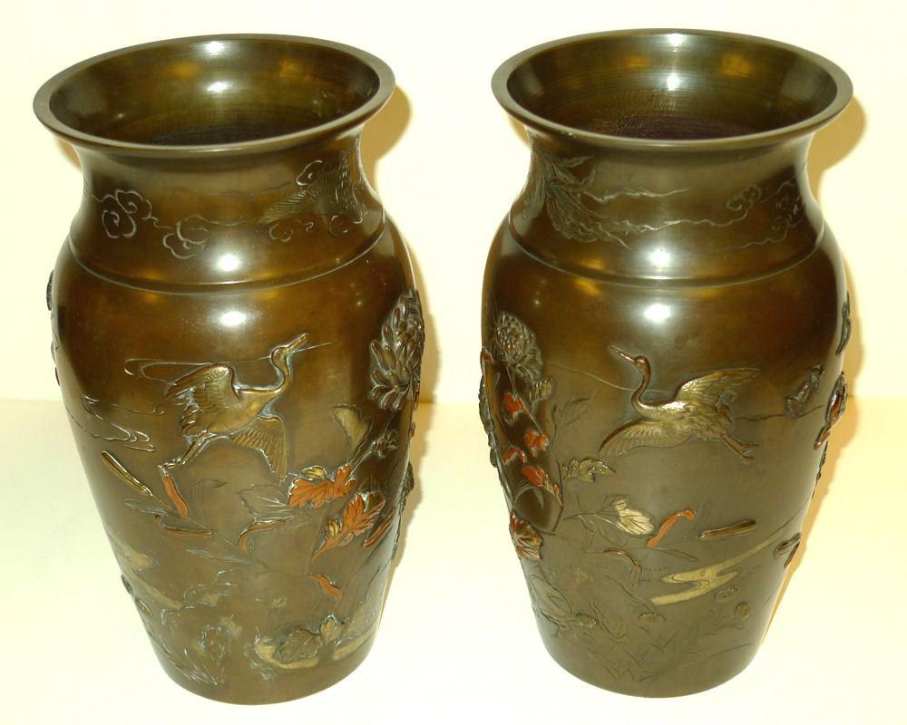 Pair Antique Meiji Japanese Bronze Mixed Metal Vases Urns