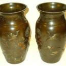 Pair Antique Meiji Japanese Bronze Mixed Metal Vases Urns
