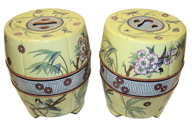 Pair Antique Chinese Famille Jaune Ceramic Garden Seats