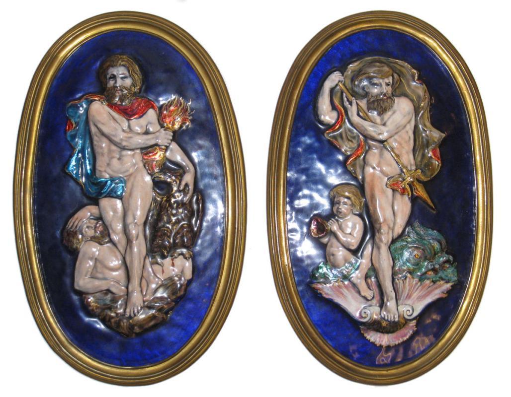 Pair Antique Greek Revival Neoclassical French Limoges Enamel Plaques