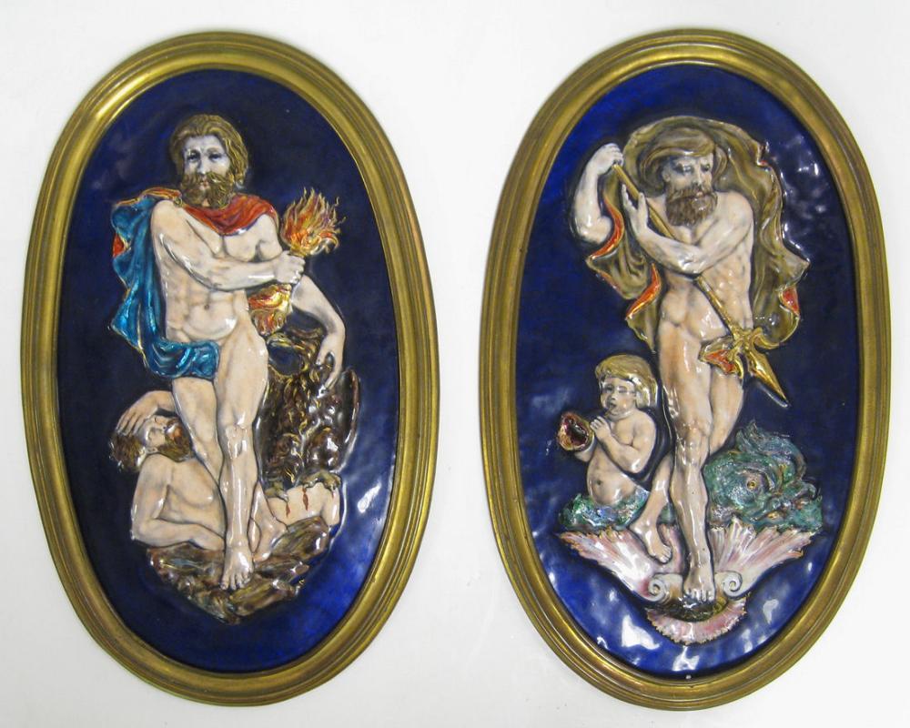 Pair Antique Greek Revival Neoclassical French Limoges Enamel Plaques