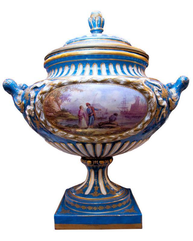 Large Antique Sevres Style Porcelain Tureen Compote Bowl with Lid