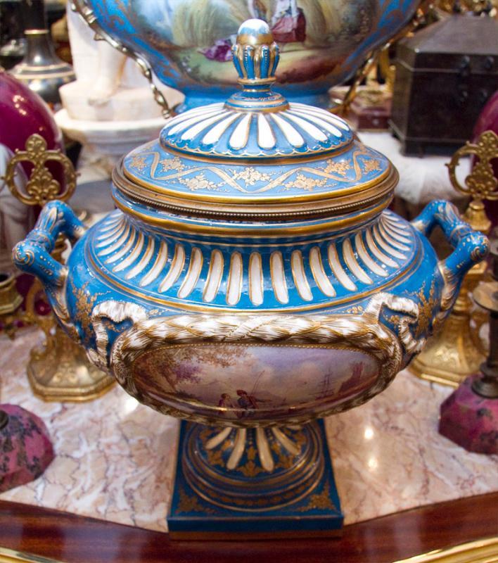 Large Antique Sevres Style Porcelain Tureen Compote Bowl with Lid