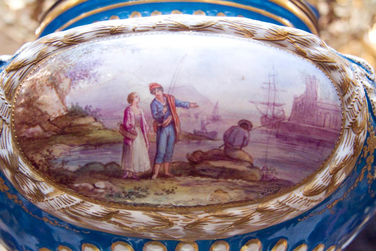 Large Antique Sevres Style Porcelain Tureen Compote Bowl with Lid