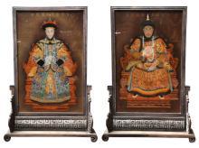 Pair Chinese Eglomise Reverse Painted Royal Emperor Empress Portraits on Glass