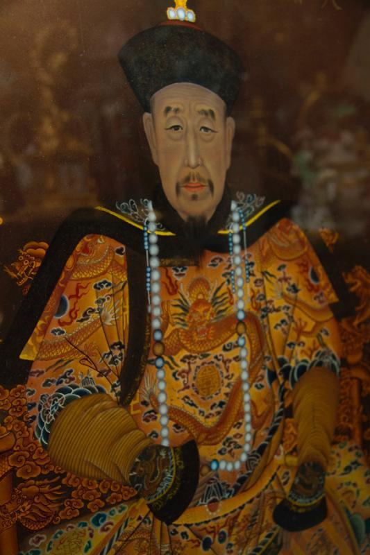 Pair Chinese Eglomise Reverse Painted Royal Emperor Empress Portraits on Glass