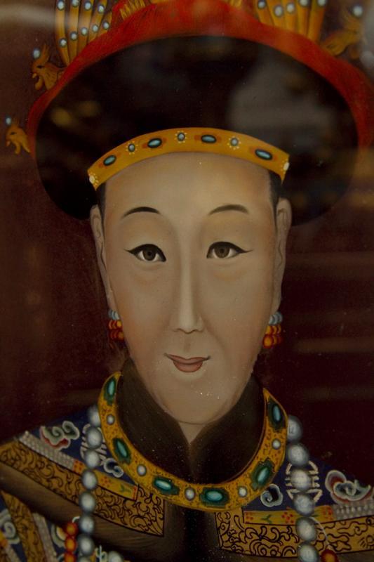 Pair Chinese Eglomise Reverse Painted Royal Emperor Empress Portraits on Glass