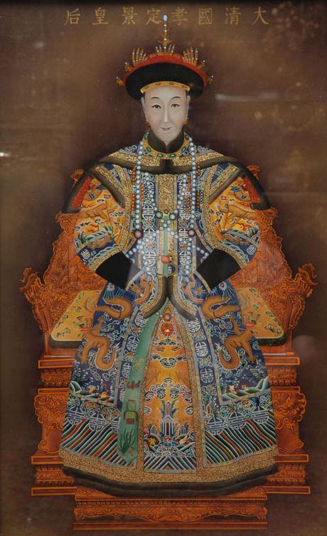 Pair Chinese Eglomise Reverse Painted Royal Emperor Empress Portraits on Glass