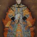 Pair Chinese Eglomise Reverse Painted Royal Emperor Empress Portraits on Glass