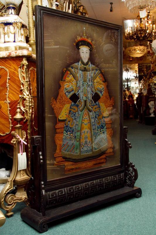 Pair Chinese Eglomise Reverse Painted Royal Emperor Empress Portraits on Glass