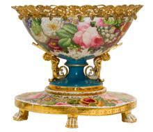 Large Antique Porcelain Gilt Bronze Mounted Floral Jardiniere Centerpiece
