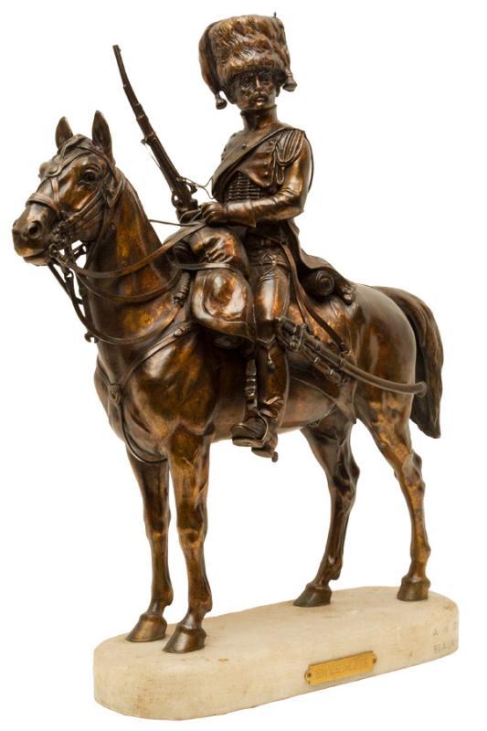 Beaux-Arts Bronze Sculpture of French Chasseur Cavalry Soldier on Horseback