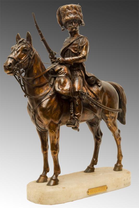 Beaux-Arts Bronze Sculpture of French Chasseur Cavalry Soldier on Horseback